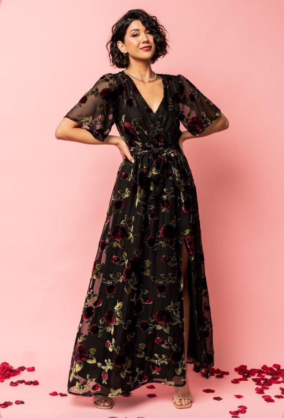 Baltic Born Dark Romantic Whimsigoth Velvet Floral Maxi Dress Black Rose Floral
